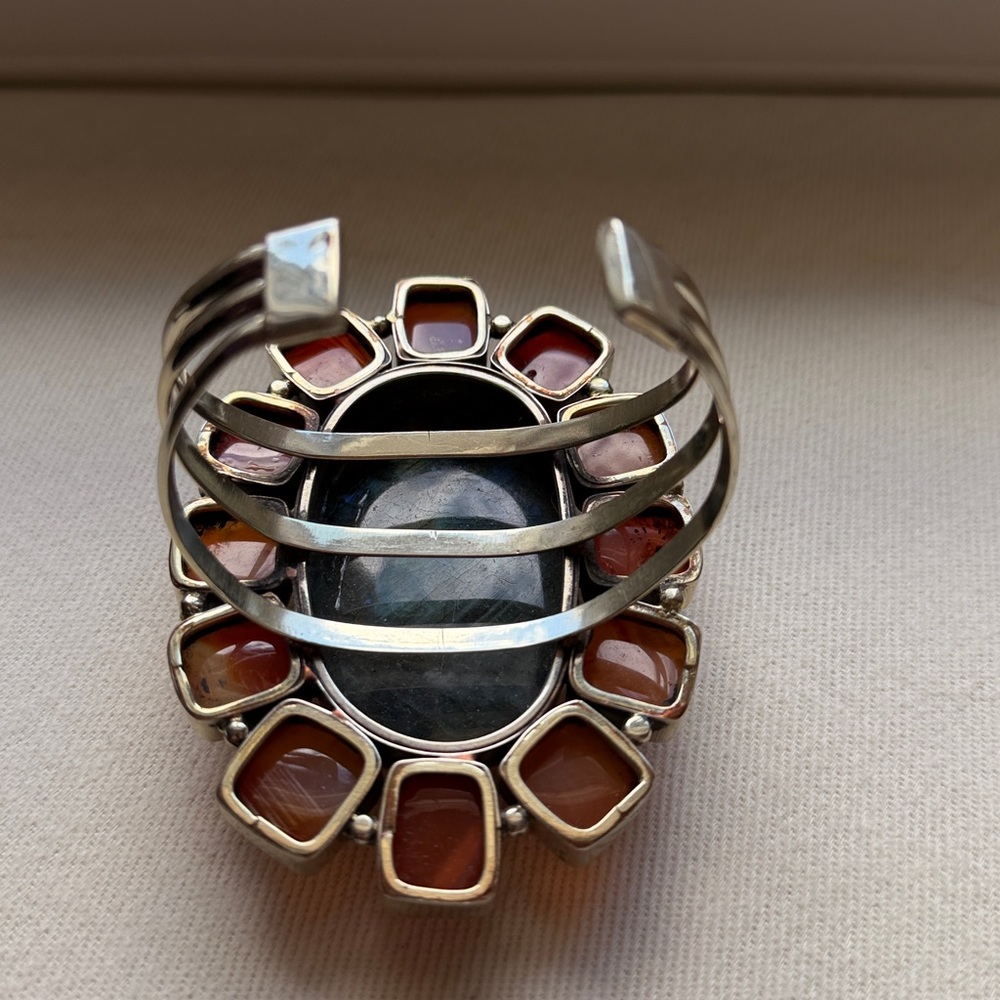 Silver Labradorite and Carnelian colors Statement Cuff Bracelet - Picture 5 of 5